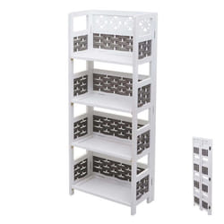 Etagère sur pied - Blanc - 4 niveaux - Bois de peuplier et paulownia - Pliable - Design contemporain