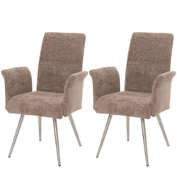 Chaises de salle à manger - Lot de 2 - MARQUE - Tissu chenille marron - Accoudoirs - Acier inoxydable brossé