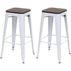 Lot de 2 tabourets de bar assise en bois cadre en métal blanc design industriel empilable 040007449