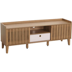 Décoshop26 - Meuble tv porte coulissante 3 compartiments de rangement bois de manguier 56 x 150 x 40 cm tiroir blanc 040007870