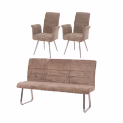 Ensemble de salle à manger - Inox brossé - 2 chaises avec accoudoirs - Banc 180 cm - Tissu chenille marron