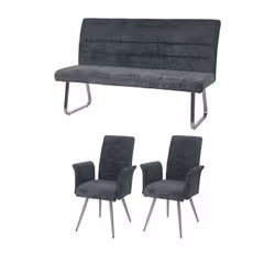 Ensemble de salle à manger - Inox - Lot de 2 chaises + banquette 160 cm - Tissu chenille bleu vert - Accoudoirs