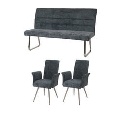 Ensemble de salle à manger - Inox - Lot de 2 chaises + banquette 160 cm - Tissu chenille bleu vert - Accoudoirs