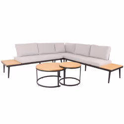 Salon de jardin - MARQUE - Ensemble 5 places - Bois dacacia - Coussins hydrofuges - Tables dappoint