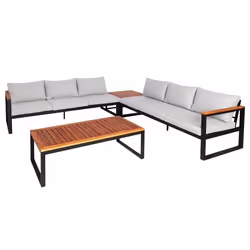 Salon de jardin canapes d exterieur 6 places avec table en metal et bois d acacia coussins gris clair 04_0008311