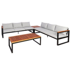 Salon de jardin canapes d exterieur 6 places avec table en metal et bois d acacia coussins gris clair 04_0008311
