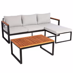 Salon de jardin canape table aluminium et bois d acacia avec coussins gris clair 04_0008312