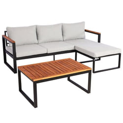 Salon de jardin canape table aluminium et bois d acacia avec coussins gris clair 04_0008312