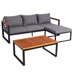 Salon de jardin - MARQUE - Canapé avec table - Aluminium et bois dacacia - Coussins confortables - Pouf séparé