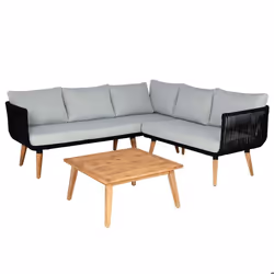 Salon de jardin canape pour exterieur avec table en bois d acacia revêtement coussins gris clair 04_0008318