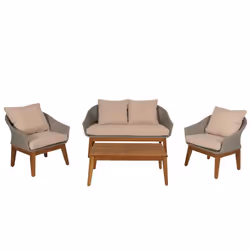 Salon de jardin canape fauteuils et table en poly rotin et bois d acacia avec coussins beige 04_0008322