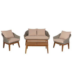 Salon de jardin canape fauteuils et table en poly rotin et bois d acacia avec coussins beige 04_0008322