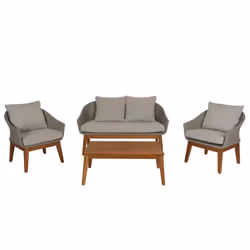 Salon de jardin - Exclusif - Canapé et fauteuils en bois dacacia - 4 places - Coussins gris - Poly rotin