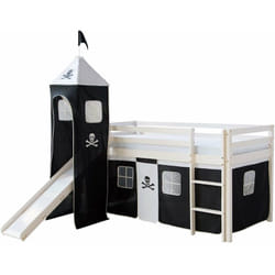 Lit mezzanine 90x200cm avec échelle toboggan en bois blanc et toile noir pirate incluse LIT06154