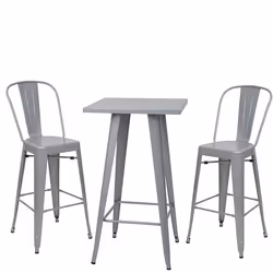Ensemble table haute avec 2 tabourets de bar en metal gris style industriel