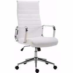 Fauteuil de bureau en synthétique blanc Assise rembourrée et dossier haut Hauteur réglable Pieds en métal aspect chromé avec  ...