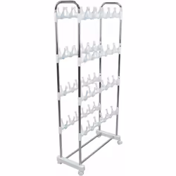 Etagère à chaussures sur 4 roulettes Châssis en acier chromé Roulettes en plastique 8 supports en plastique blanc, sur lequel ...