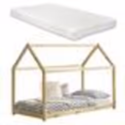 Lit denfant - MARQUE - Maison - 90x200 cm - Bois naturel - Matelas inclus