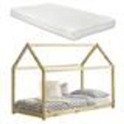 Lit denfant - MARQUE - Maison - 90x200 cm - Bois naturel - Matelas inclus