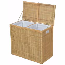 Panier à linge en rotin avec deux bacs de rangement Avec tissu de protection Cadre en pin massif Tissé à la main avec du roti ...