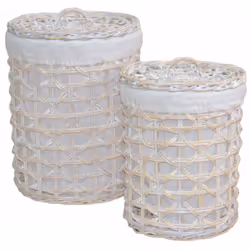 Lot de 2 panier à linge en rotin blanc tissé à la main Couvercle amovible et tissu de protection amovible crème (65% coton /  ...