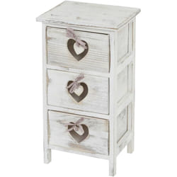 Décoshop26 - Petit meuble de rangement table de chevet 3 tiroirs avec motif coeurs 55x29x25cm style vintage blanc 040002479