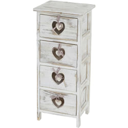 Décoshop26 - Petit meuble de rangement table de chevet 4 tiroirs avec motif coeurs 70x29x25cm style vintage blanc 040002529
