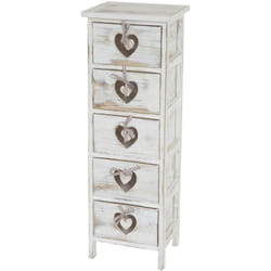 Commode petit meuble de rangement 5 tiroirs avec motif coeurs 86x29x25cm en bois de paulownia style vintage blanc 040002478