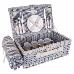 Panier pique-nique noir et blanc en osier pour 4 personnes avec couvert assiettes verres DIV04016