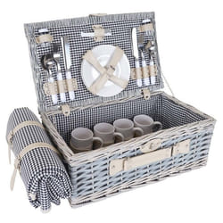 Panier pique-nique noir et blanc en osier pour 4 personnes avec couvert assiettes verres DIV04016