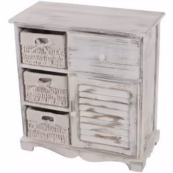 Commode avec 3 paniers 63x60x30cm style vintage blanc 3 tiroirs en osier en paille de maïs 1 compartiment de porte 1 tiroir D ...