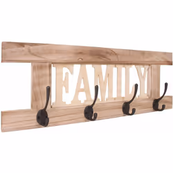 Description générale Porte-manteau mural patère, conçu avec 4 crochets en bois vieilli au design 'Family'. Fabriqué à partir ...