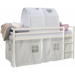 Lit mezzanine 90x200cm avec échelle en bois blanc avec tissu gris étoile et tunnel LIT06184