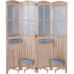 Paravent 4 panneaux avec paniers de plantes séparateur de pièce cloison de séparation en bois et métal 170x161x29cm Avec 4 pa ...