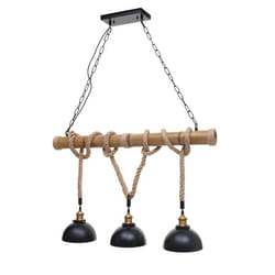 Suspension Lampe - Vintage - 3 Abat-jour Dôme - Métal Noir - Bambou - Corde