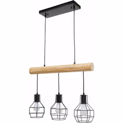Lampe suspension style industriel vintage bois massif métal noir 3 abat-jour en treillis Ampoules non incluses design industr ...
