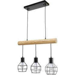 Décoshop26 - Lampe suspension lustre style industriel vintage bois massif métal noir 3 abat-jour en treillis 040003603