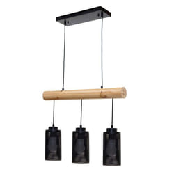 Lampe suspension - Design Industriel - Bois Massif Noir - 3 Abat-jours - Vintage - E27