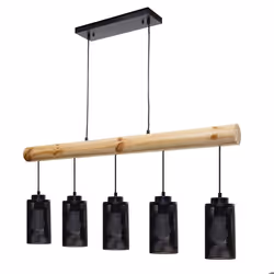 Lampe à suspension - Vintage - Bois massif et métal noir - 5 abat-jour - Intérieur - Salon