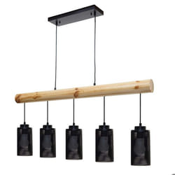 Lampe à suspension - Vintage - Bois massif et métal noir - 5 abat-jour - Intérieur - Salon