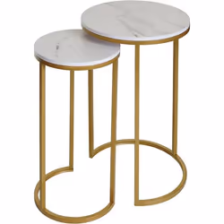 Ensemble de 2 tables dappoint aspect support plante bouts de canapes marbre MDF blanc et dore