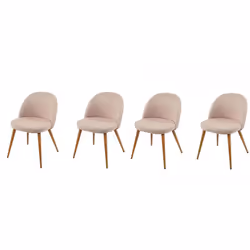 Description générale Lot de 4 chaises de salle à manger au design rétro, fabriquées en tissu crème avec un cadre en bois robu ...