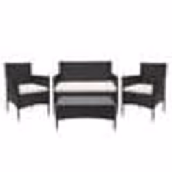 Salon de jardin balcon jardin en polyrotin noir canape fauteuils table coussin crème