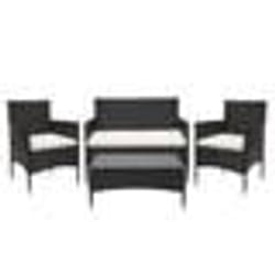Salon de jardin balcon jardin en polyrotin noir canape fauteuils table coussin crème