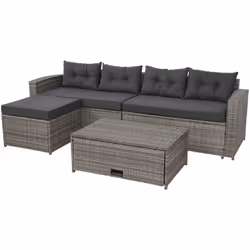 Salon de jardin en polyrotin pour balcon jardin terrasse canapé table basse pouf compartiment de rangement gris, coussins gri ...