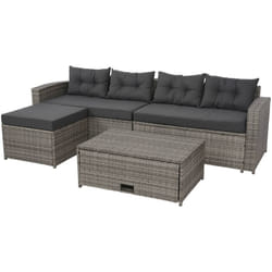 Salon de jardin en polyrotin pour balcon jardin terrasse canapé table basse pouf compartiment de rangement gris coussins gris foncé 040004234