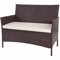 Banc de jardin banquette en polyrotin marron chiné avec coussin crème Avec accoudoirs Tissu de coussin avec zip, hydrofuge, 1 ...