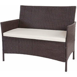 Banc de jardin banquette en polyrotin marron chiné avec coussin crème MDJ04136