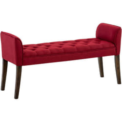 Banc banquette capitonné en tissu rouge avec pieds en bois marron foncé largeur 133cm BAN10098
