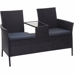 Banc en polyrotin avec table groupe de sièges banc de jardin, canapé de jardin, 132cm noir, coussins gris foncé Avec la table ...